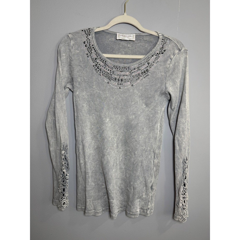 Nature Art Lynn Yang Gray Ribbed Embellished Long Sleeve Shirt Size S